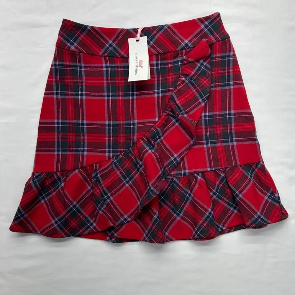 Vineyard Vines Nantucket Lurex Tartan Red Ruffle Skirt NWT Size 00 - Picture 1 of 15